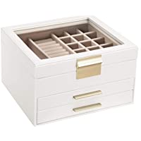SONGMICS Caja de Joyas con Tapa de Cristal- Organizador de Joyas de 3 Capas con 2 Cajones- Regalo para Seres Queridos…
